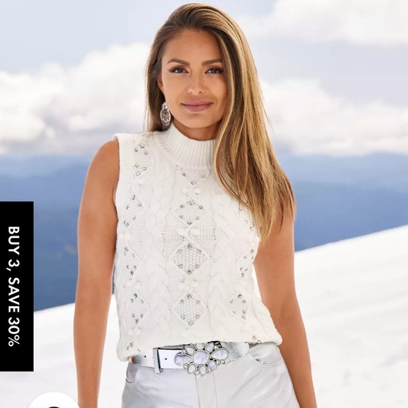 Boston Proper White Knit Top with Embellishments - Picture 1 of 8